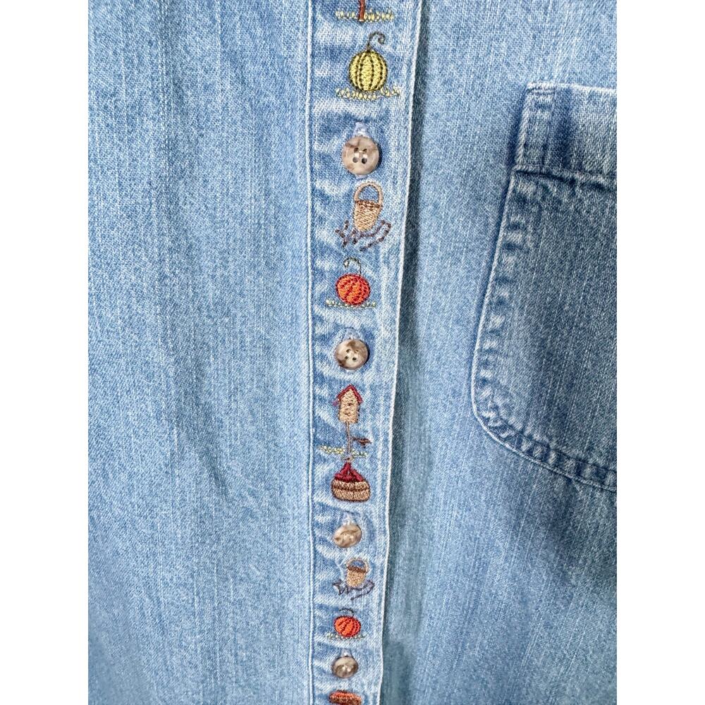 Vintage Collared Denim Button Down Shirt Embroidered Fall Motif Pumpkins Autumn - Picture 6 of 16